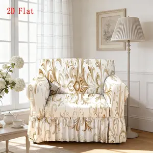1pc Sofa Cover, Off-white European Damascus Printed Skirt Sofa Cover, Stretch Full Wrap Couch Cover, Removable & Washable Sofa Protector, Universal Skirt Style Sofa Cover for Living Room, Home Decoration, 2D Flat Printing