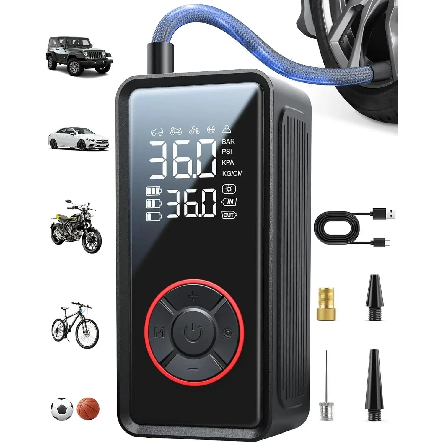 Cordless Tire Inflator - Portable Air Compressor with 3X Faster Inflation, LED Light, Auto Shut-Off, 4 Nozzles for Car, Ball Sports, Black, Ideal Gift for Men
