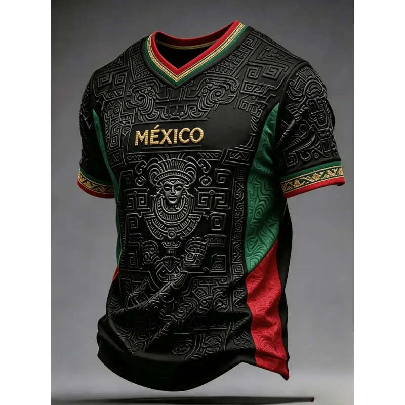 Mexico Soccer Shirt Men Black Aztec Printed Jersey Culture Graphic V-Neck T-Shirt Sports Fan Top Casual Team Tee