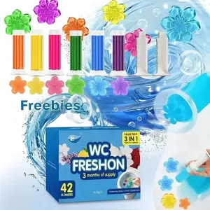 3 Months Freshness 42 Flowers! 3-Toilet Gel Stamp Box Deodorizing Bathroom Freshener with Flower Scent - Keeps Toilet Clean & Fresh for 3 Months