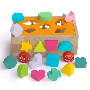 Toy, 17-Hole/18-Hole Wooden Children's Interlocking Block Toy, Colorful Intelligence Box Push Cart Toy, Educational Shape Sorting, Suitable as a Birthday or Christmas Gift for Children