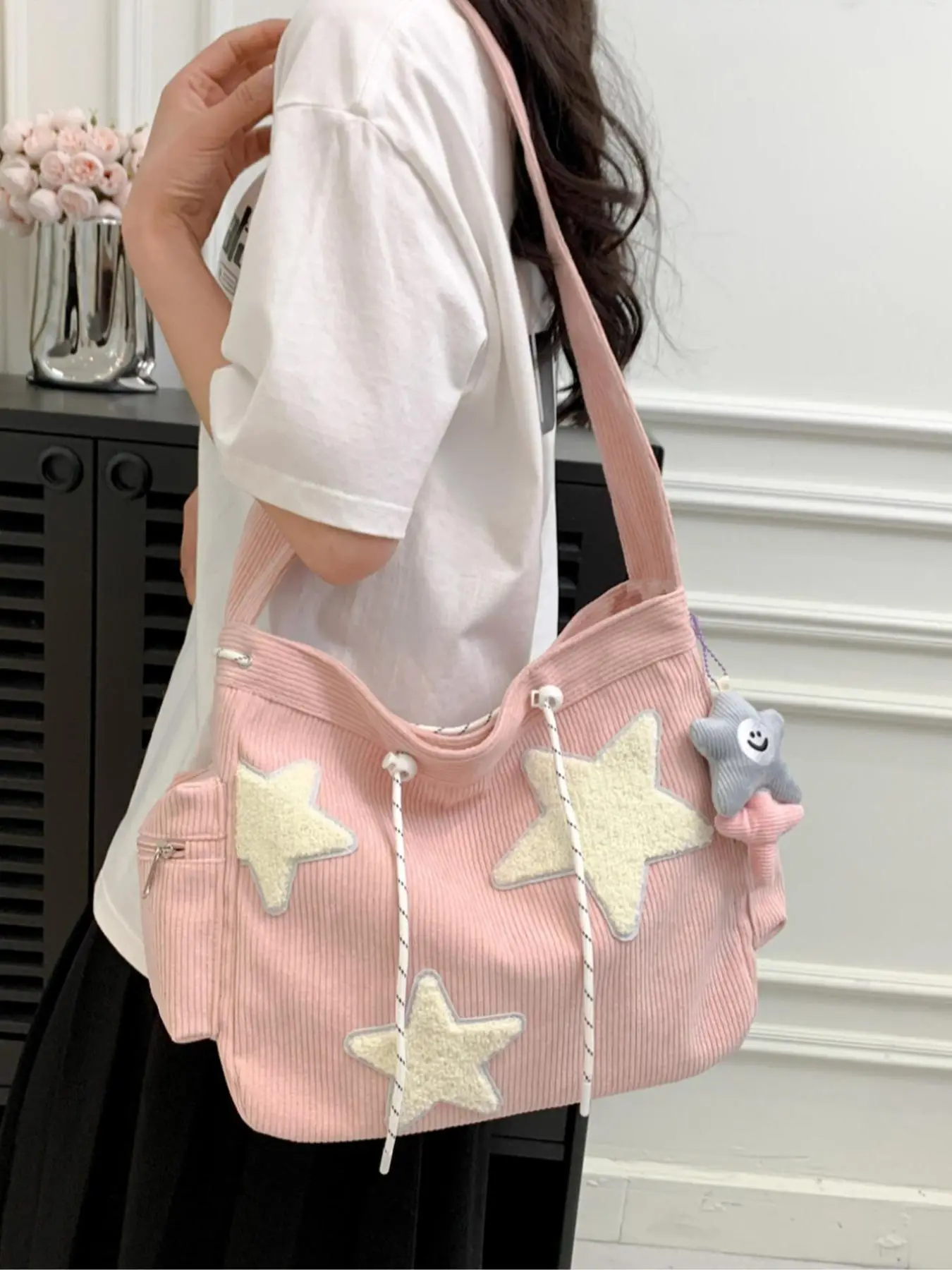 Women's Star Pattern Corduroy Crossbody Bag, Large Capacity Multi-pocket Shoulder Bag, Trendy Versatile Daily Commuting Bag