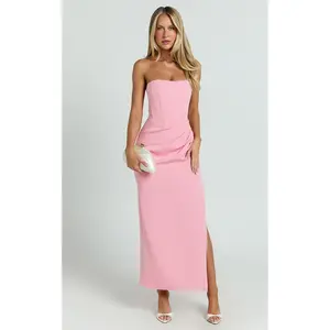 Avery Midi Dress - Strapless Draped Side Split Dress in Pink