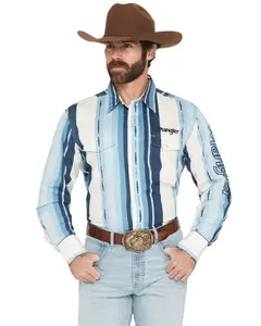 Wrangler Men's Men'S Logo Striped Long Sleeve Snap Western Shirt - 112379239