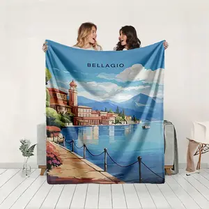 1 piece Lakeside scenery of Bellagio and the Alpine landscape themed flannel blanket - Modern design flannel blanket, suitable for sofas and beds, all-season use, super soft and warm, digital printing, 100% polyester material, machine washable