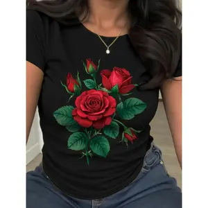 Rose, Floral Printed T-Shirt, Short Sleeved Round Neck Casual Top, Summer And Spring, Women'S Clothing American Exquisite Women'S Fashion Fashionable Pure T-Shirt Exquisite Versatile Artifact Classic Breathable Sweat Absorbing New Pro