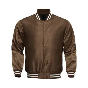 Deckra Women's Original All-Brown Polyester Varsity Satin Jacket - Longsleeves Casual Tops Clothes, Outerwear Coat with Pocket and Button Closure