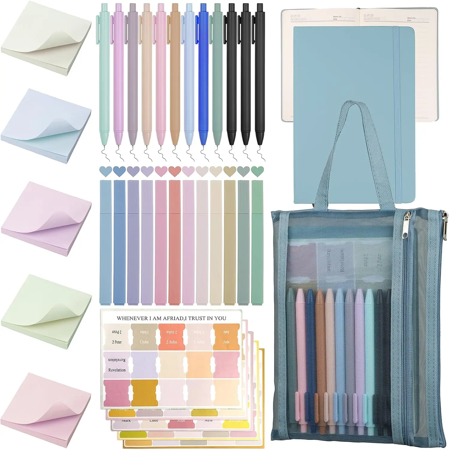 Bible Study Supplies,Bible Journaling Kit,Bible Study Kit with Journal,12 No Bleed Highlighters,12 Gel Pens,75Tabs, 400 Sticky Notes,Christian Gifts for Women Men (Blue)
