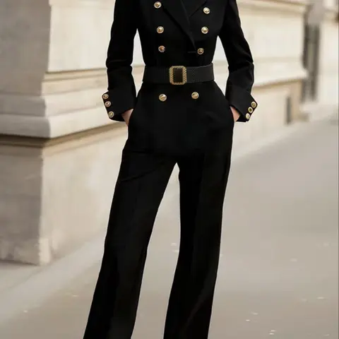 Elegant Women's Button Front Fitted Jumpsuit with Belt, Detachable Elastic Waistband, Belt, Fall Winter Everyday Fashion, Long Sleeve Pocket Design, Knit Comfortable, Chic Womenswear