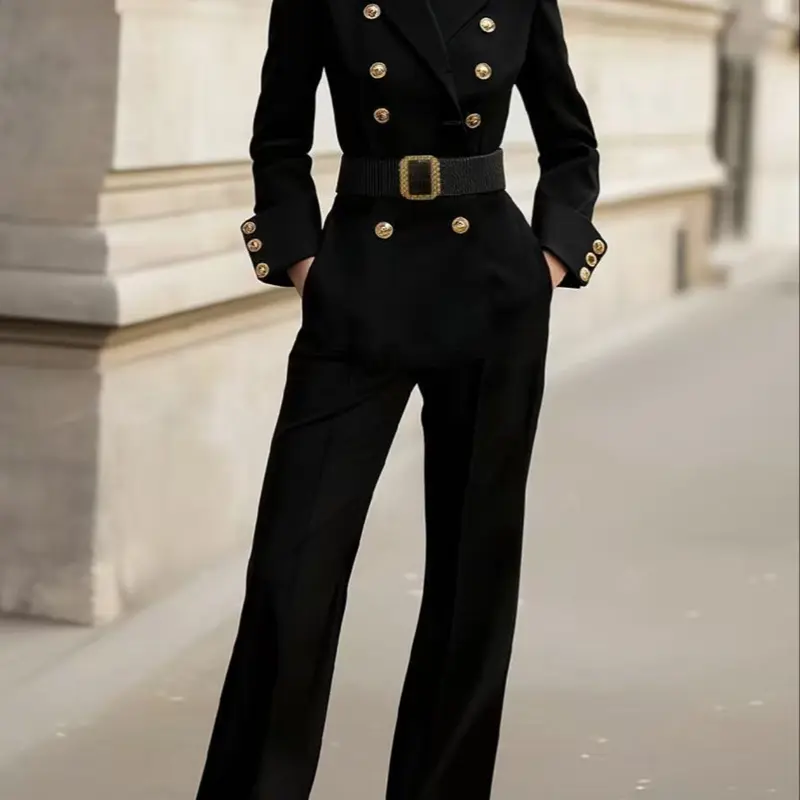 Elegant Women's Button Front Fitted Jumpsuit with Belt, Detachable Elastic Waistband, Belt, Fall Winter Everyday Fashion, Long Sleeve Pocket Design, Knit Comfortable, Chic Womenswear