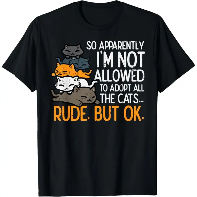 Unisex 100% Premium Cotton Short-Sleeve Crew Neck Sports Top - Cotton Fabric Tee, Funny Animal Shirt, High-Res Ink "I'm Not Allowed To Adopt All Cats" Print for Adult Pet Lovers