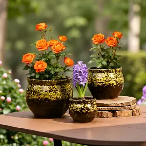 3-Piece Ceramic Flower Pot Set Brown & Yellow Speckled Glazed Planters for Indoor Outdoor Home Decor Stylish Durable in 3 Sizes Large Medium Small Perfect for Succulents Herbs or Houseplants No Plants Included
