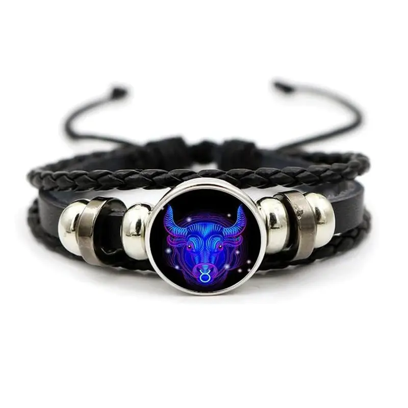 Meaningful Zodiac Lover Present 12 Astrology Constellation Multi Layer Black Leather Wrap Bracelet Adjustable Spiritual Bracelet