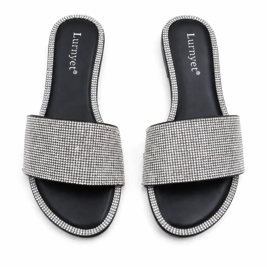 Women’s sequin flat sandals — dazzling open-toe design with an open front; comfortable summer fashion slides suitable for vacations, weddings, parties, and everyday strolls.
