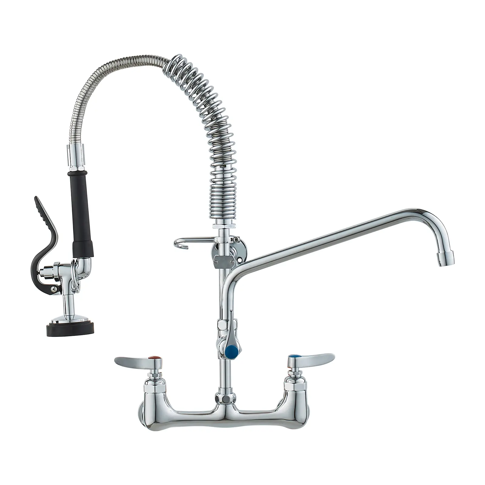 【summerfinds】VEVOR Wall-Mounted Brass Commercial Kitchen Faucet - 21" Tall, 8" Installation Width, 12" Rotating Spout, Pull-Down Sprayer, Fits Single & Double Sinks, Father's Day Gift Option [DealsForYouDays], High Pressure Sprayer, 7.75"-8.25" Center Ecc