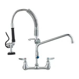 【Summervibes】VEVOR Wall-Mounted Brass Commercial Kitchen Faucet, 21" Tall, 8" Installation Width, 12" Rotating Spout, Pull-Down Sprayer Included, Suitable for Single, Double Sinks