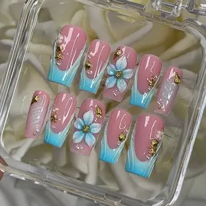 yonne Ocean Bloom Press-On Nails, Blue French Tips, 3D Flower Art, Gold Shell Charms, Pink Glossy Base, Summer Beach Handmade Nail Set
