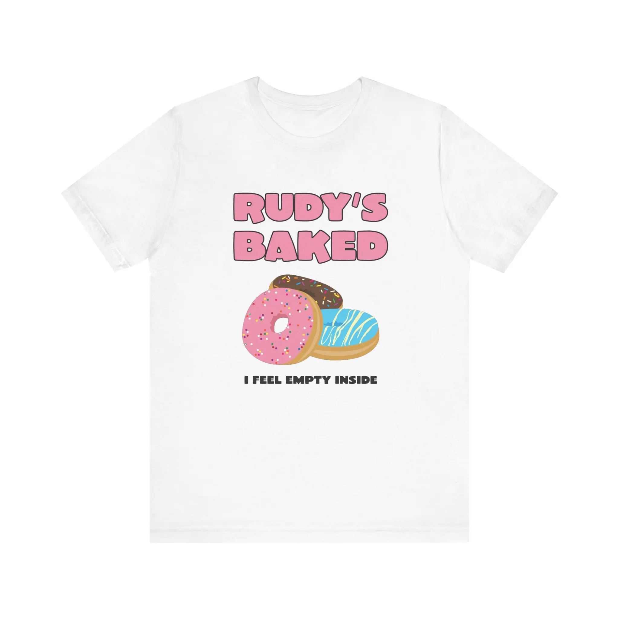 Rudy's Baked - Donut Trio White Graphic Tee, Playful Food Puns