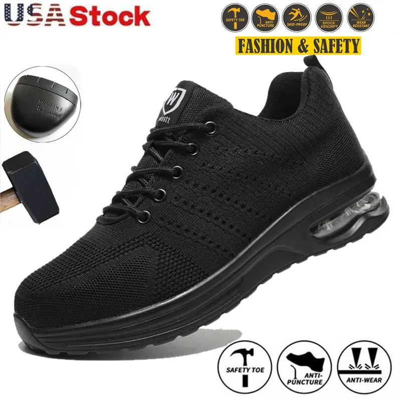 Men's Closed Steel Toe Work Safety Footwear - Comfortable, Fashionable Industrial Construction Shoes for Men with Pressure Tolerance, Puncture Protection, Slip Resistance, Breathability, Lightweight Kevlar EVA Sole Midsoles (Black), Men's Shoes, Worker