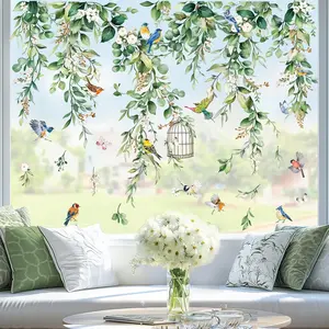 Spring Summer  Vine Eucalyptus Window Clings Green Leaves Flower Birds Glass Sticker Decal Anti  Double-Side Static Window Stickers for  Glass