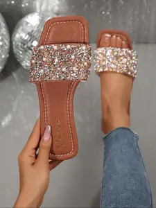 Women's Fashionable Rhinestone Decorated Slides, Casual Comfortable Flat Sandals for Summer, Lightweight Breathable Shoes for Daily Wear, Girl