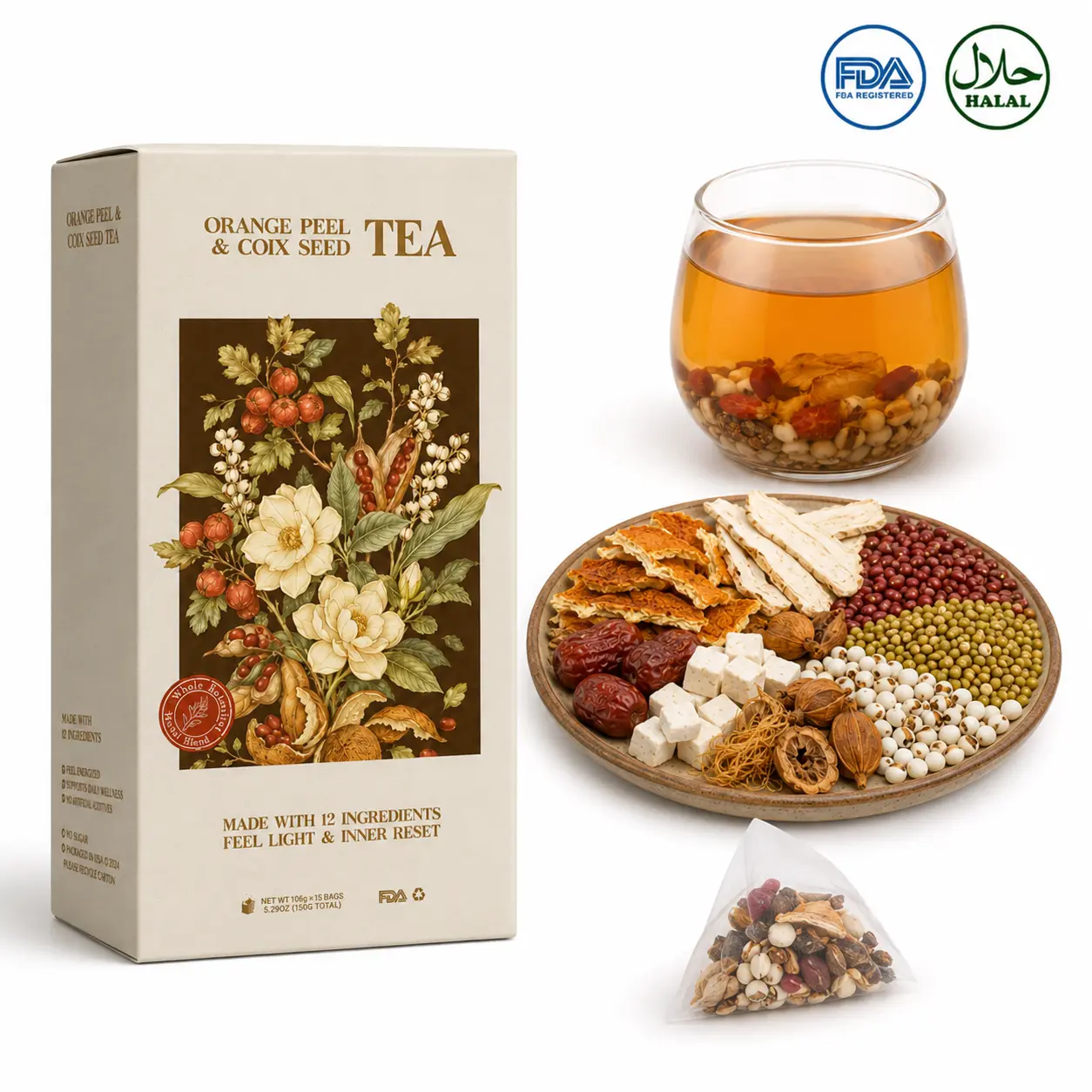 Orange Peel Adzuki Bean & Coix Seed Tea Family Value Pack, 15 Bags - Citrus Aroma, Coix Grain Richness - Daily Support healthy for Office Professionals & Edema-Prone Individuals - Ideal for High-Pressure Days