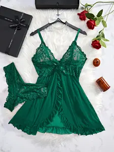 Women's Contrast Lace Bow Decor Sexy Soft Lightweight Lingerie Set, Romantic Ruffle Trim Split Cami Nightdress & Panty Set, Ladies Nightwear & Sleepwear for All Seasons