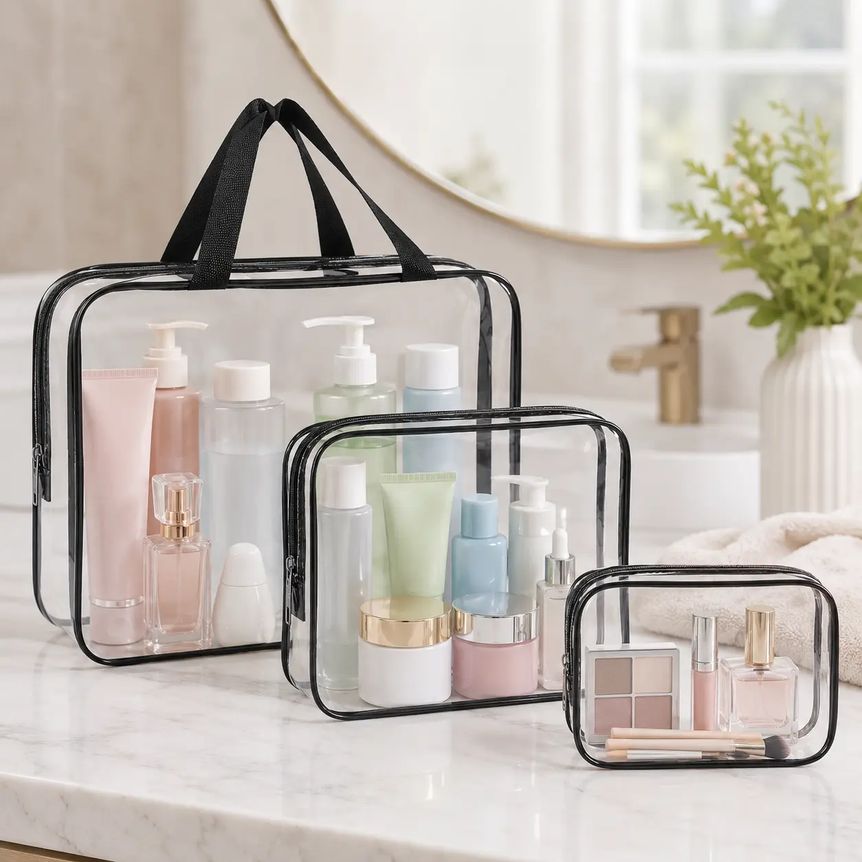 3-Piece Clear Waterproof Storage Bags | Reusable Zipper | Portable Cosmetic Organizer | Large Capacity for Travel Makeup