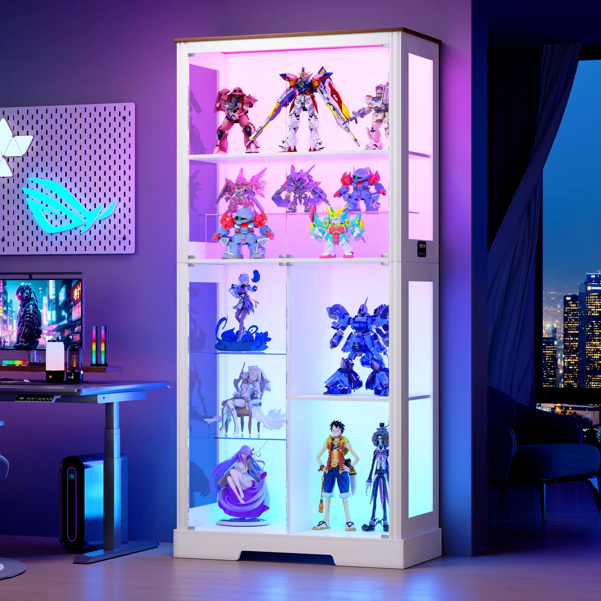 Lvifur 71” Glass Display Cabinet with RGB Light - Curio Cabinet with Glass Doors for Collectibles, 7-Tiers Tall Display Case with Human Sensor, Showcase for Lego, Figures, Gift for Father