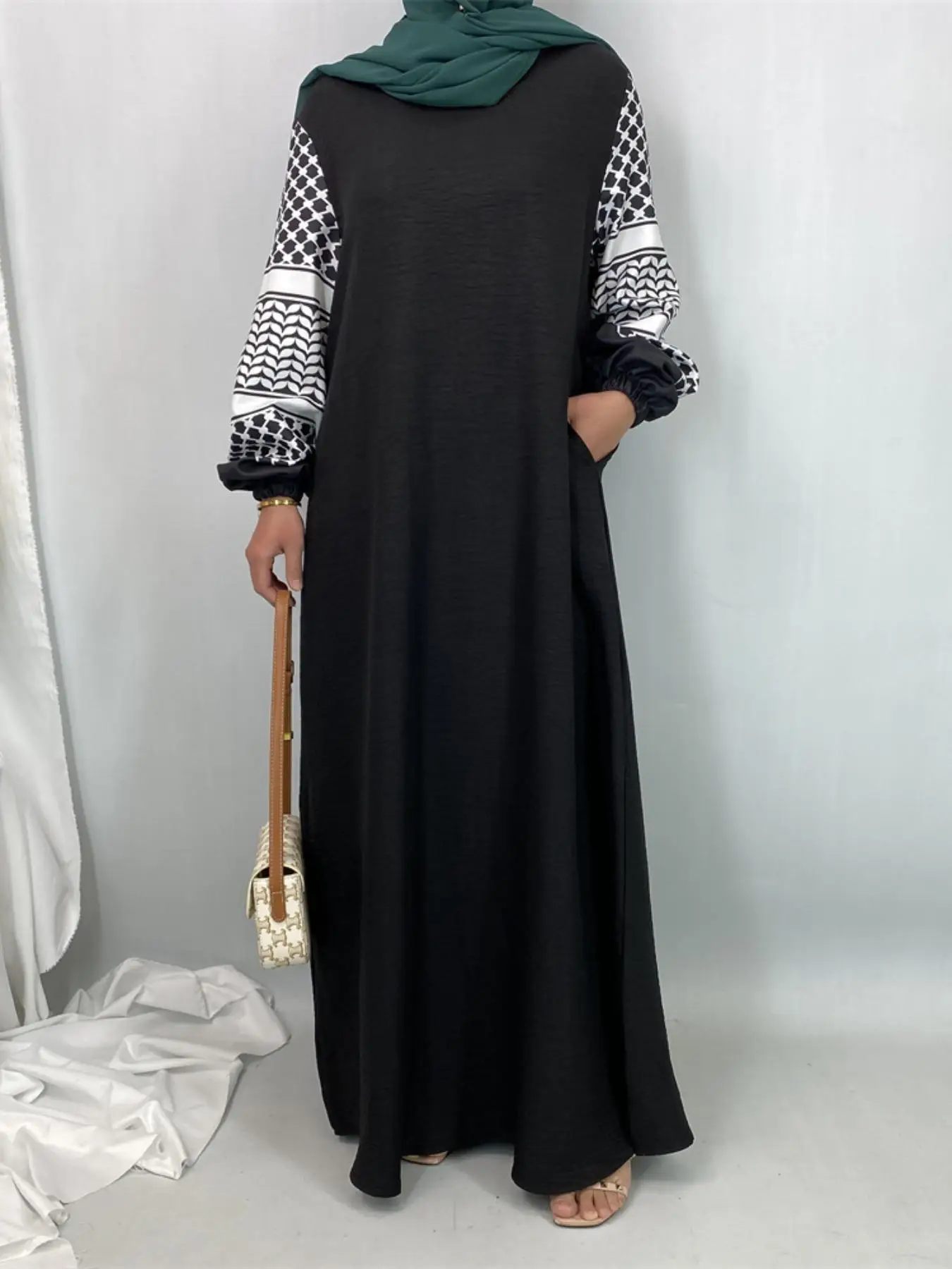 Women's Patchwork Geometric Print Long Sleeve Abaya, Modest Hooded Long Dress for Daily Wear, Ladies Islamic Clothing for All Seasons