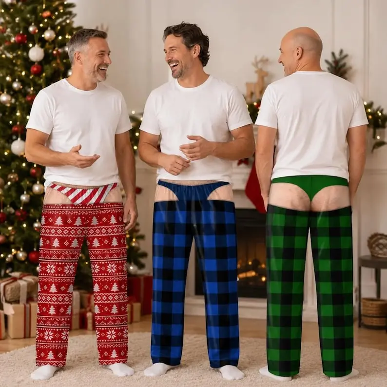 Custom Funny Plaid Pajama Pants for Men, Fake Butt & Underwear Illusion, Christmas Prank Gift
