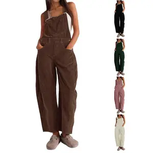 Women’s corduroy overalls/jumpsuits with a barrel-wide bib front, adjustable waist, and pockets; available as wide-leg corduroy pants or JROTC-style shorts (unspecified).