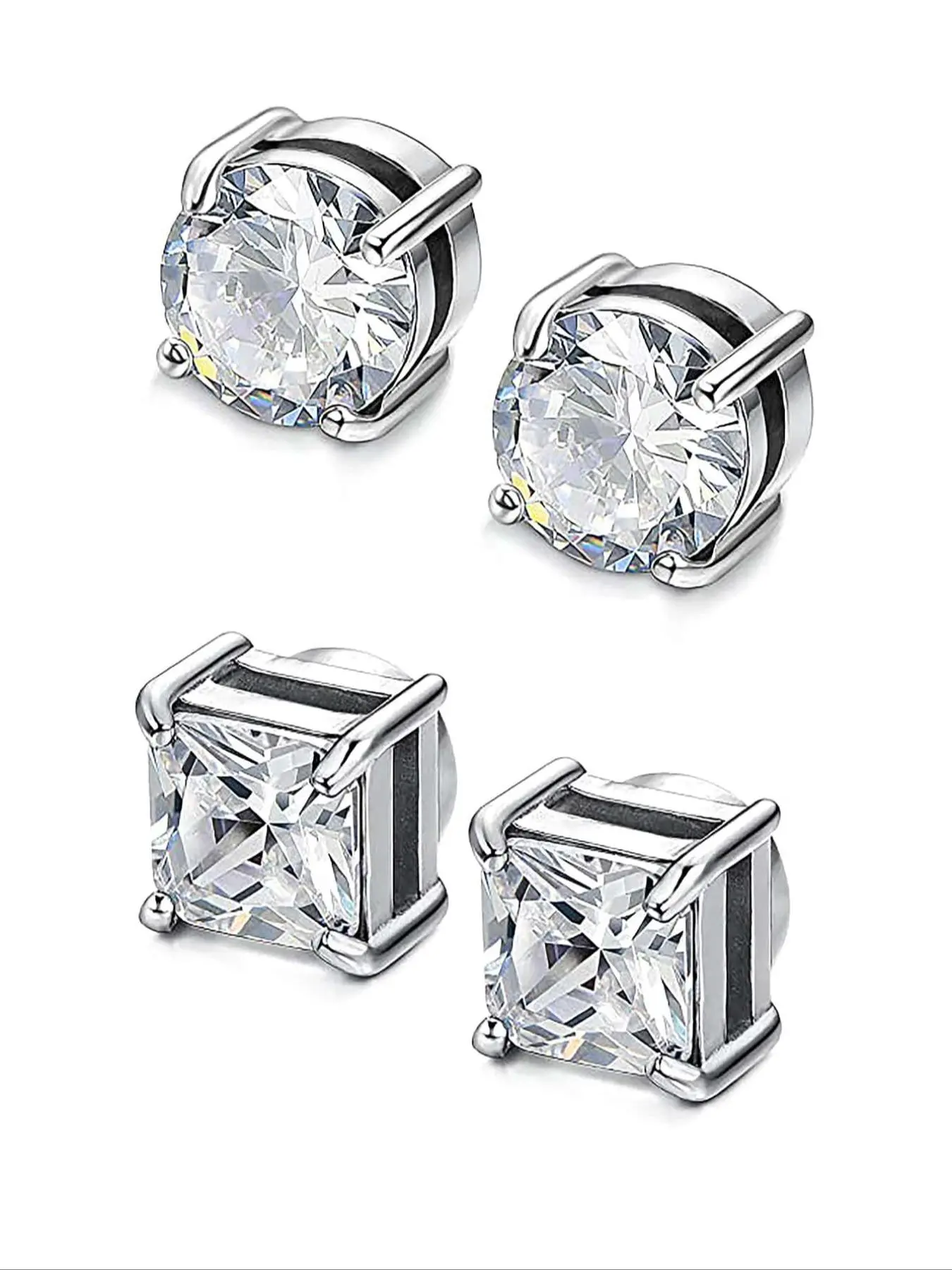 2pairs Stainless Steel Magnetic Square Stud High Quality Trendy Jewelry Earrings Earring Set for Men Women Non-piercing CZ Hypoallergenic 6MM