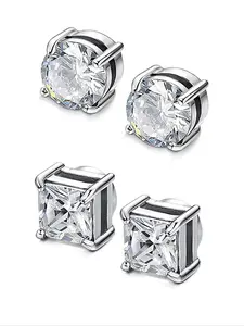 2pairs Stainless Steel Magnetic Square Stud Earrings for Men Women Non-piercing CZ Hypoallergenic 6MM