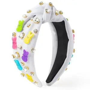 PANTIDE Easter Bunny Jeweled Knotted Headband - Rabbit Rhinestone Crystal Embellished Headband Wide Top Knot Fashion Hairband Hair Accessories Easter Spring Birthday Gift for Women Girls (White)