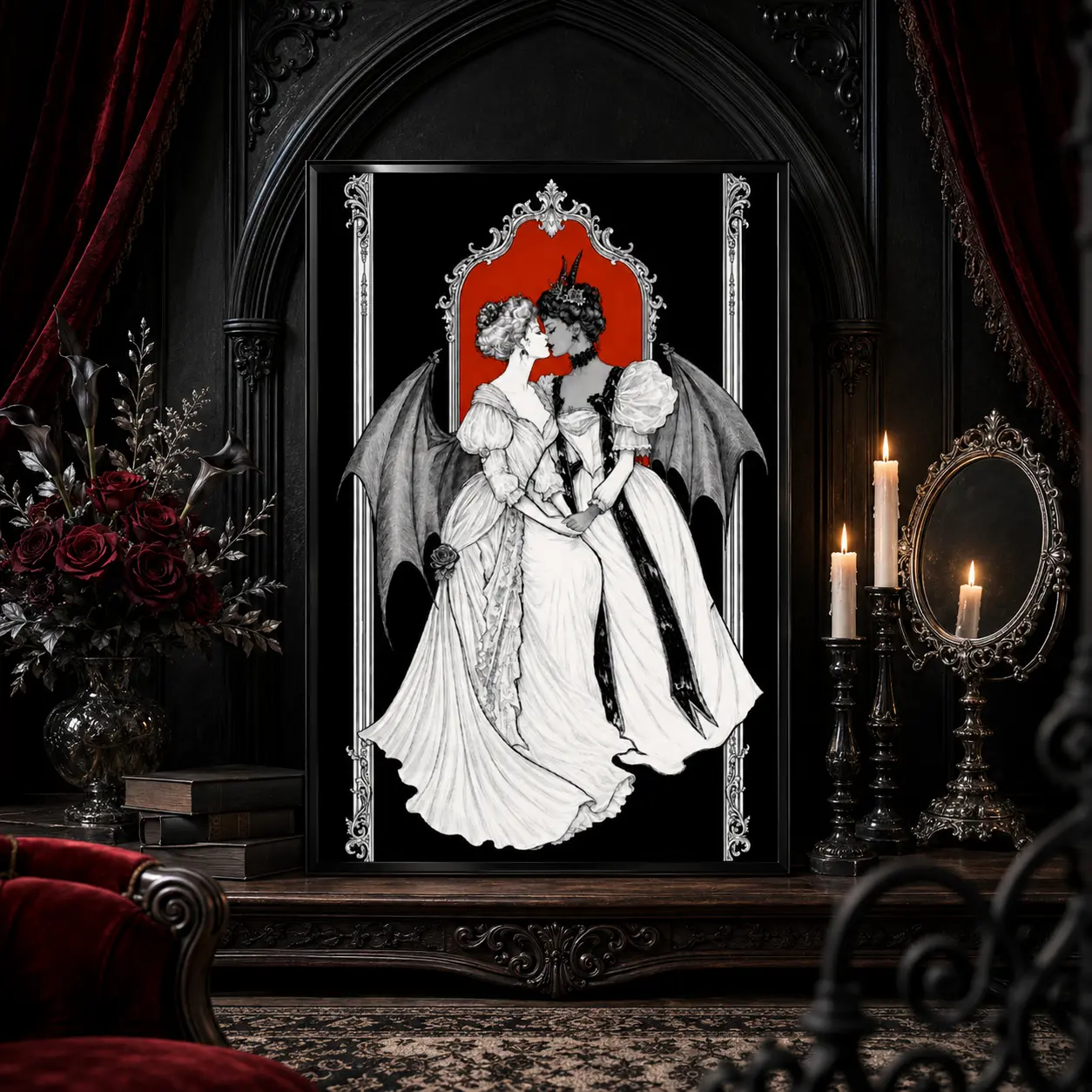 Gothic Victorian Women with Bat Wings Wall Art, Vintage Dark Romantic Canvas Poster, Black White and Red Decor for Bedroom, Living Room, Study, Gallery Wall or Alternative Home, Gift for Gothic Art Lovers