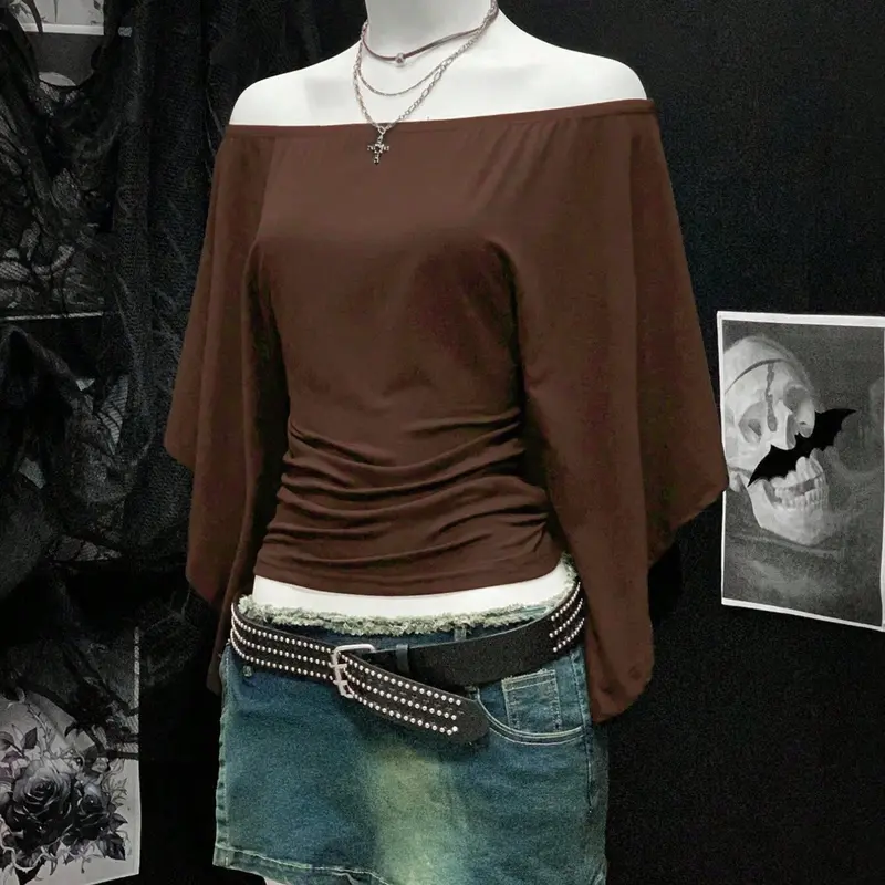 Elegant Aesthetic Off-Shoulder Multifunctional Pleated Flare Sleeve Women's Casual Basic T-Shirt Top, Stylish and Comfortable, Perfect for Daily Wear, Fashion