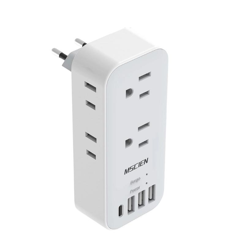 European Travel Plug Adapter, International Power Plug Adapter with 6 Outlet 4 USB(1 USB C), Type C Plug Adapter Travel Essentials to Most Europe EU Italy Spain France Germany Switzerland Portugal