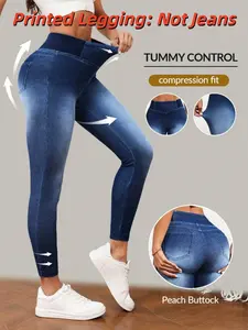 Women's Printed Leggings, Fashionable Fake Jeans Tight Pants, Elastic Print, Stretchy, Slim, All-Season Wear, Elegant Style, Bottoms