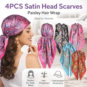 4 Pack Silk Touch Head Scarves – 35” Large Square Satin Bandana, Use as Hair Scarf, Neck Wrap, Shawl – Breathable & Elegant