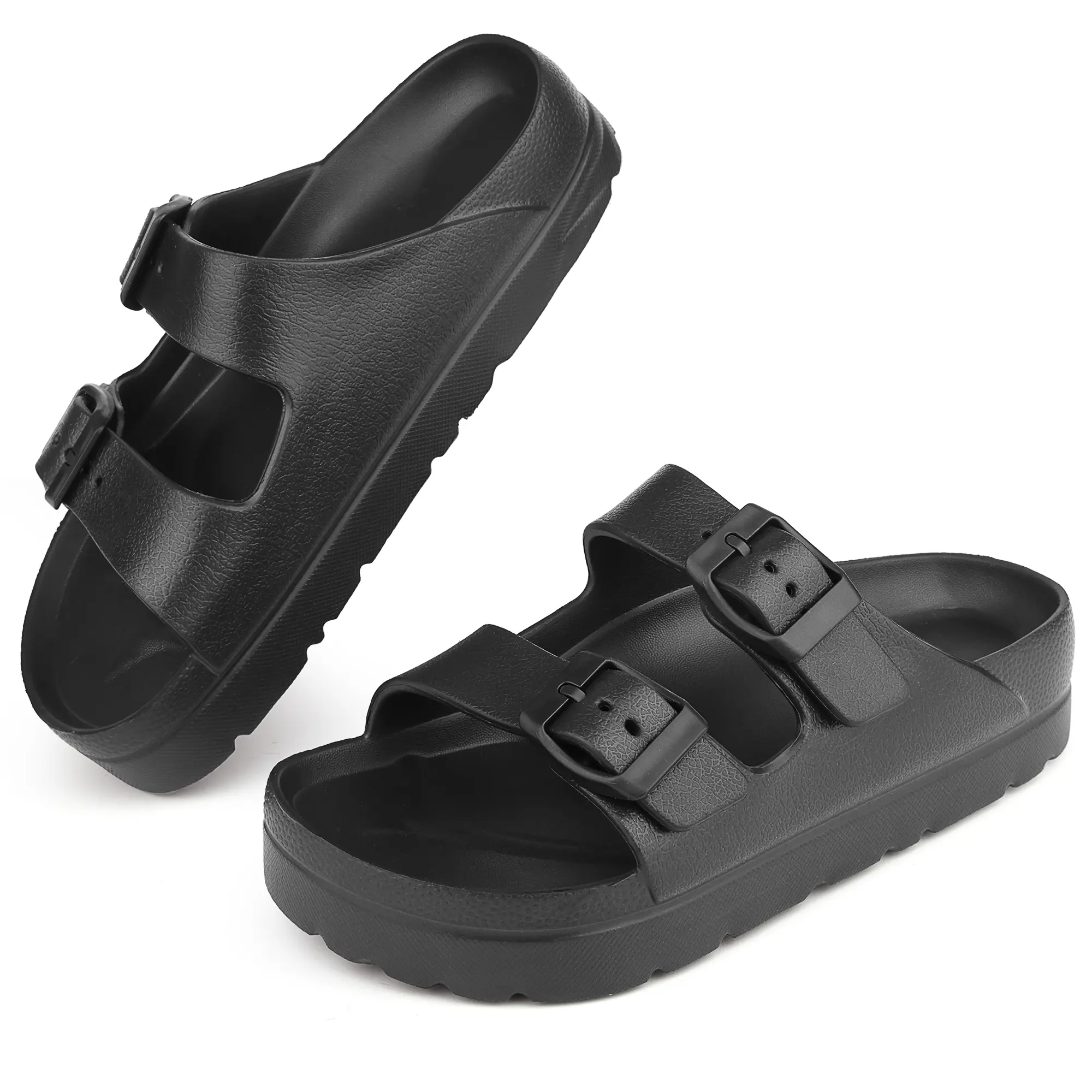 Women's Double Buckle Platform Slides | Soft EVA Anti-Slip Sandals with Arch Support, Trendy Summer Beach & Holiday Comfy Footwear
