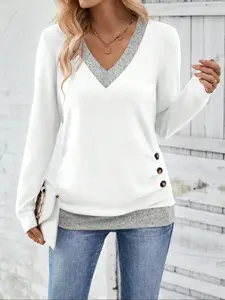 Women's Elegant V Neck Loose Colorblock Patchwork Long Sleeve Shirt, Vibrant Design, Perfect for Autumn & Winter, Casual Fashion Outerwear, Tops