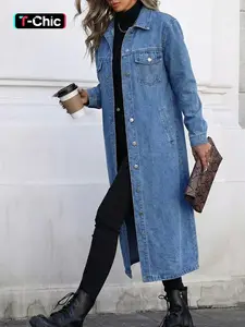 Women's Light Wash Long Loose Denim Trench Coat, Womenswear Long Sleeve Button Down Lapel Collar Pocket Detail, Trendy Y2K Retro Chic Jacket for Daily Wear