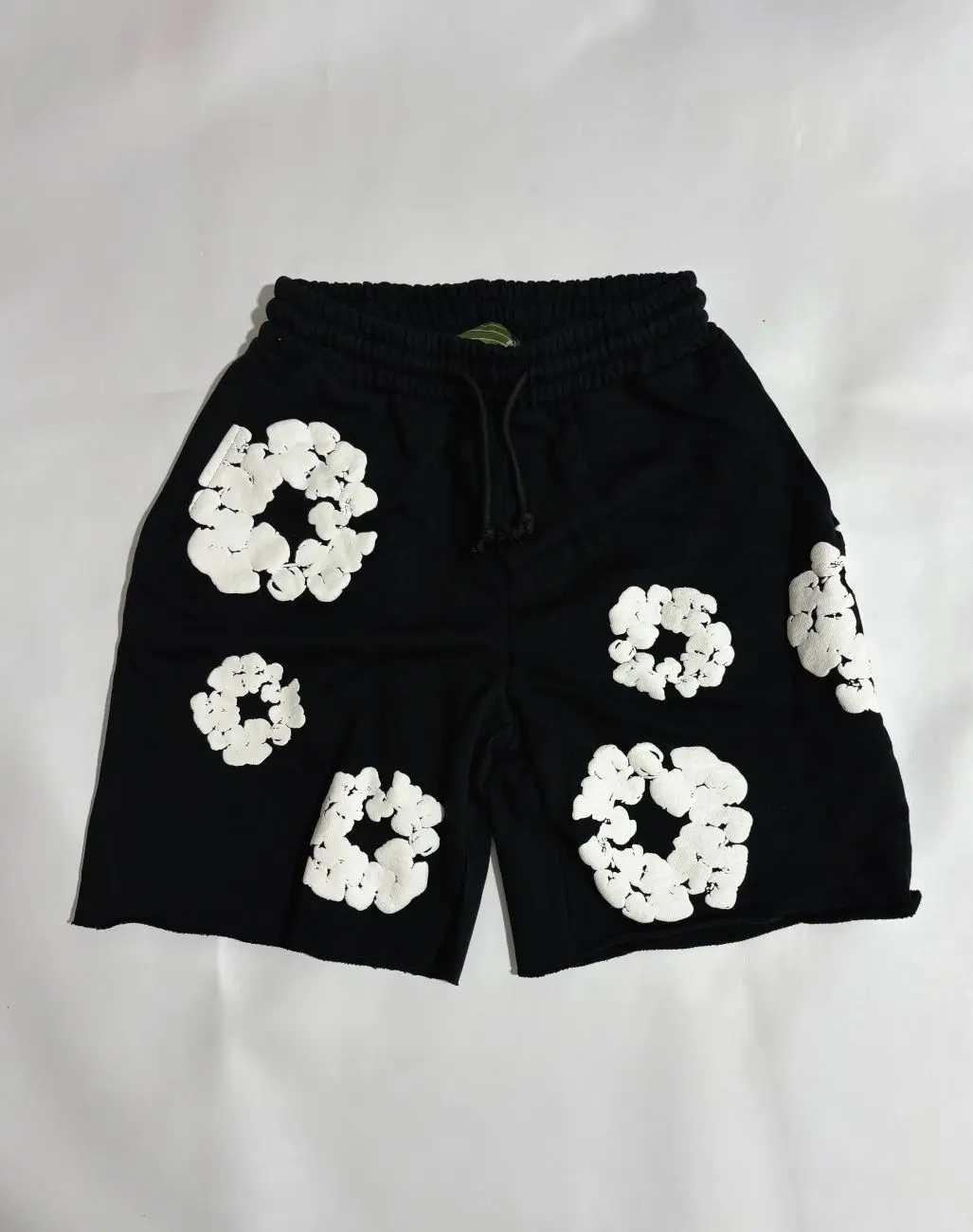 Black Man Denim Print Sweat Shorts White Graphic Shorts Men Streetwear Casual Loose Fit, Unisex Cotton Streetwear Athletic Shorts, Relaxed Fit Casual Summer Shorts in Black