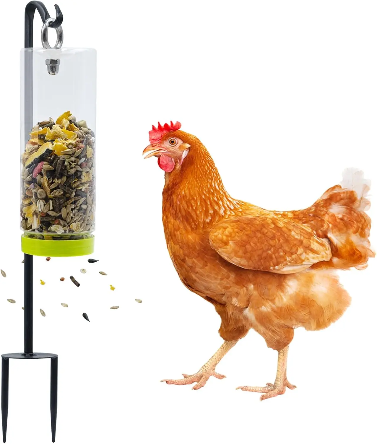 Outdoor Chewproof Metal-Plastic Chicken Swing Treat Toy, Transparent Plastic Treat Dispenser with Metal Ground Stake Pole, Poultry Enrichment Toys for Hens