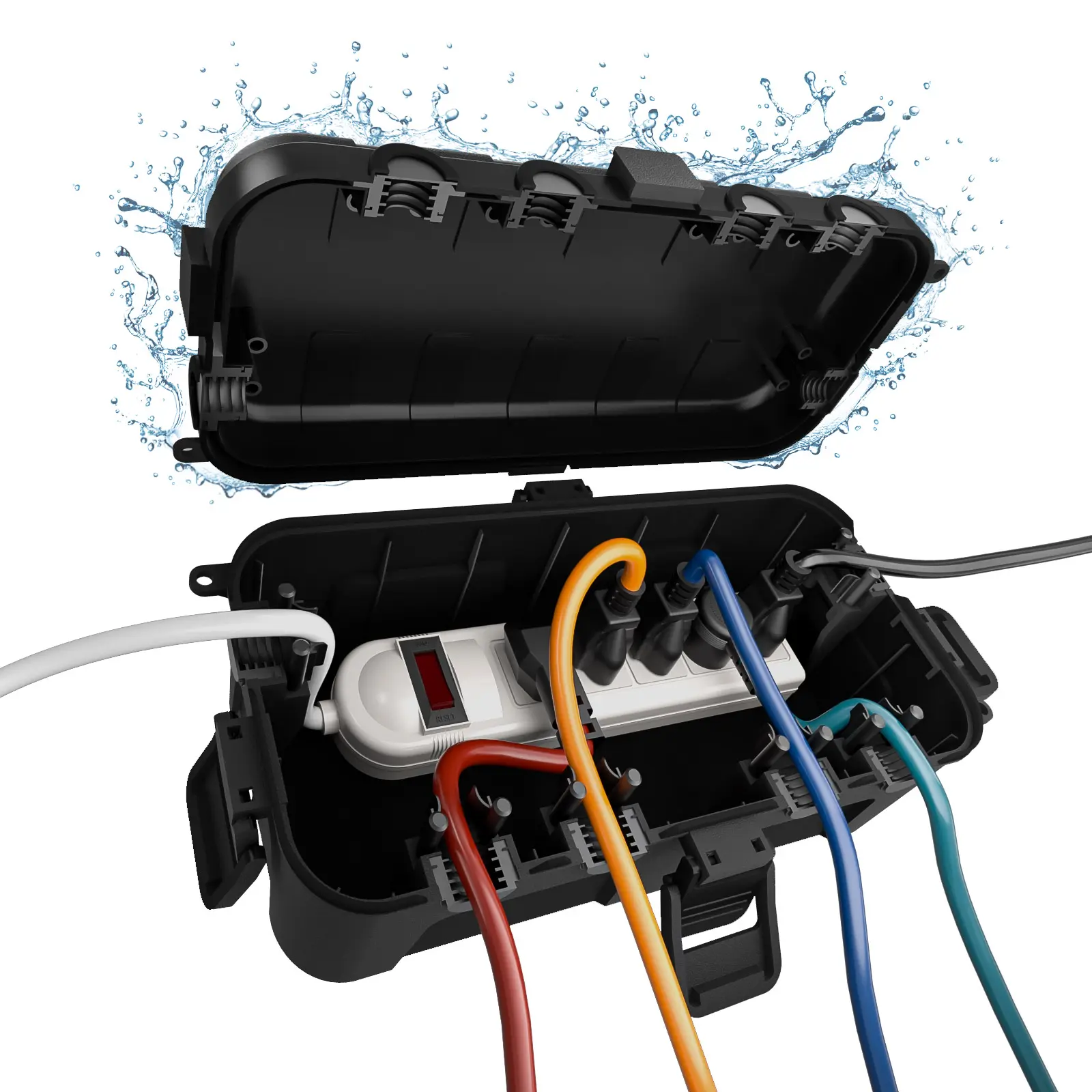 Flemoon Medium Outdoor Electrical Box (11.5x5.2x4 inch), IP54 Waterproof Extension Cord Cover w/6 Cable Entry Ports, Weatherproof Connection Box for Power Strip, Timer, Holiday Lights