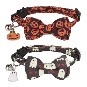 ADOGGYGO Halloween Cat Collar with Bowtie Bell 2 Pack Halloween Kitten Collar with Removable Bow Pumpkin Ghost Cat Halloween Collars for Cat Kitten (Halloween)