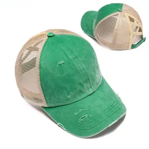 Distressed Washed Baseball Cap – Ponytail Mesh Adjustable Unisex Outdoor Hat