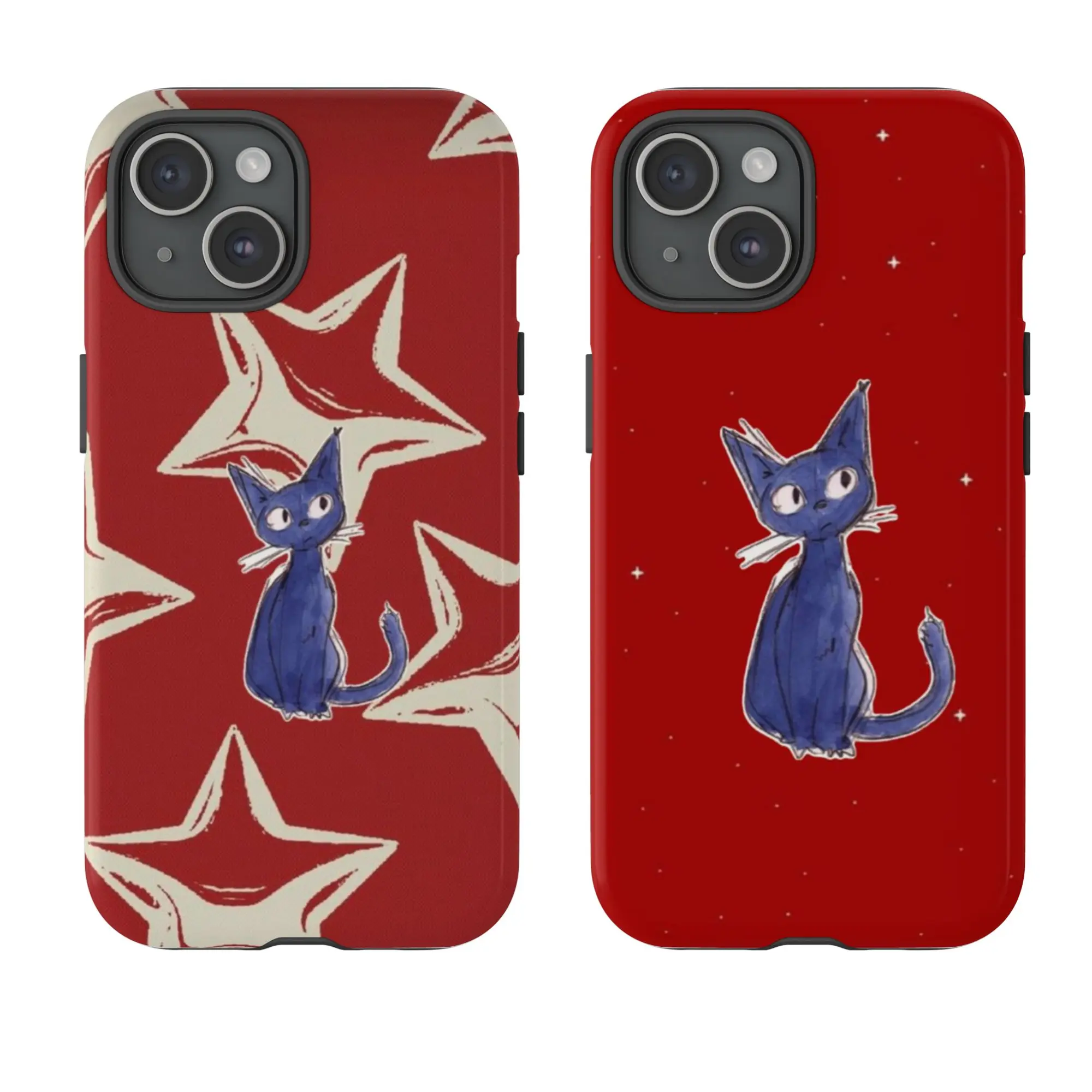 Durable Shockproof Polycarbonate Blue Cat Smartphone Case - UV Printing Aesthetic Red Star Design, iPhone 15 & Select Handheld Device Cover, Cellphone Protection Accessory, Gift for Her, Casing, Accessories
