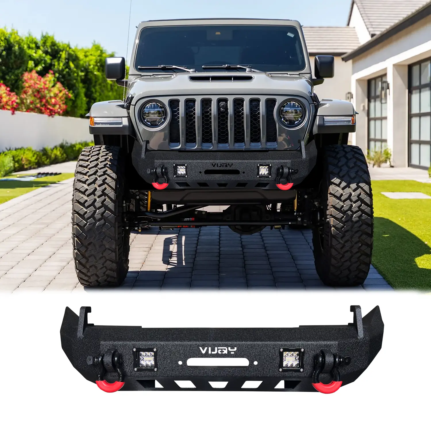 Vijay Black Textured Bumper for 2007-2025 Jeep Wrangler JK, JL & Gladiator JT Vehicle - Car Protector with Winch Plate, 2 Lights, 4.75T D-Rings, Simple Screw Installation, Off-Roading Ready, Rugged Look Car Accessory